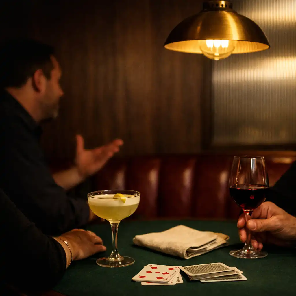 Sklenka, karty a ruce hostů u stolu v intimním restaurančním lounge