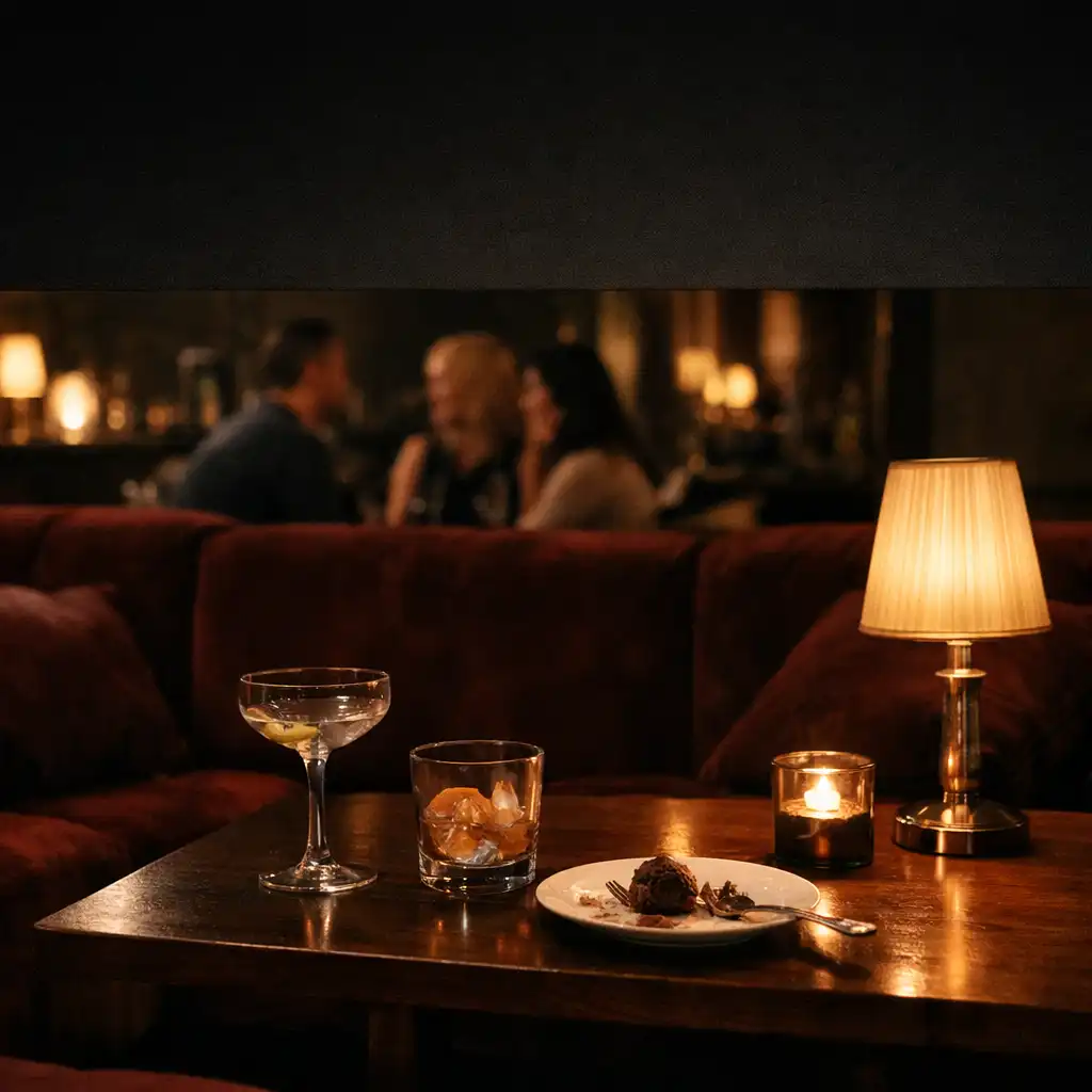 Pozdně večerní lounge s burgundy sezením a dopitými koktejly