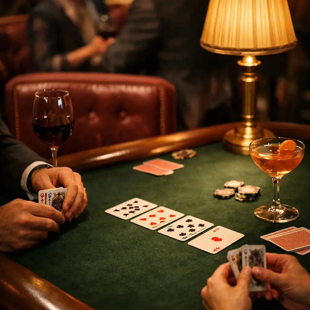 Ruce hostů s kartami u zeleného filcu a sklenicemi v lounge