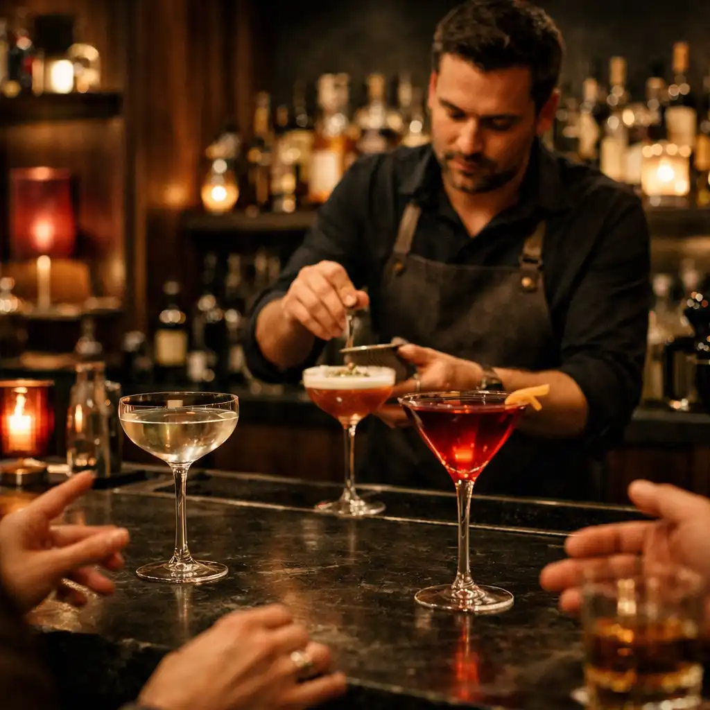 Barman dokončuje koktejl v tlumeném večerním světle