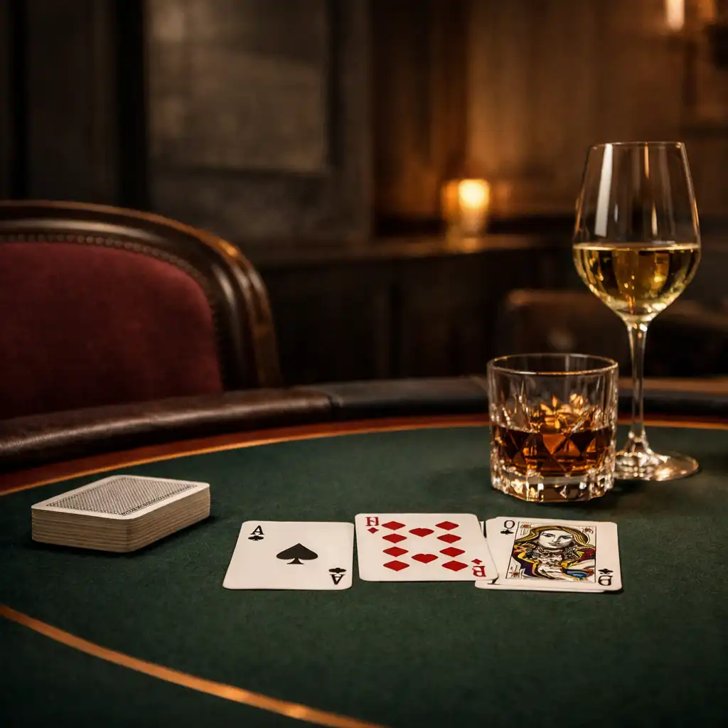 Detail tmavě zeleného feltu, karet, měděné linky stolu a skleněného nádobí v pokerovém lounge