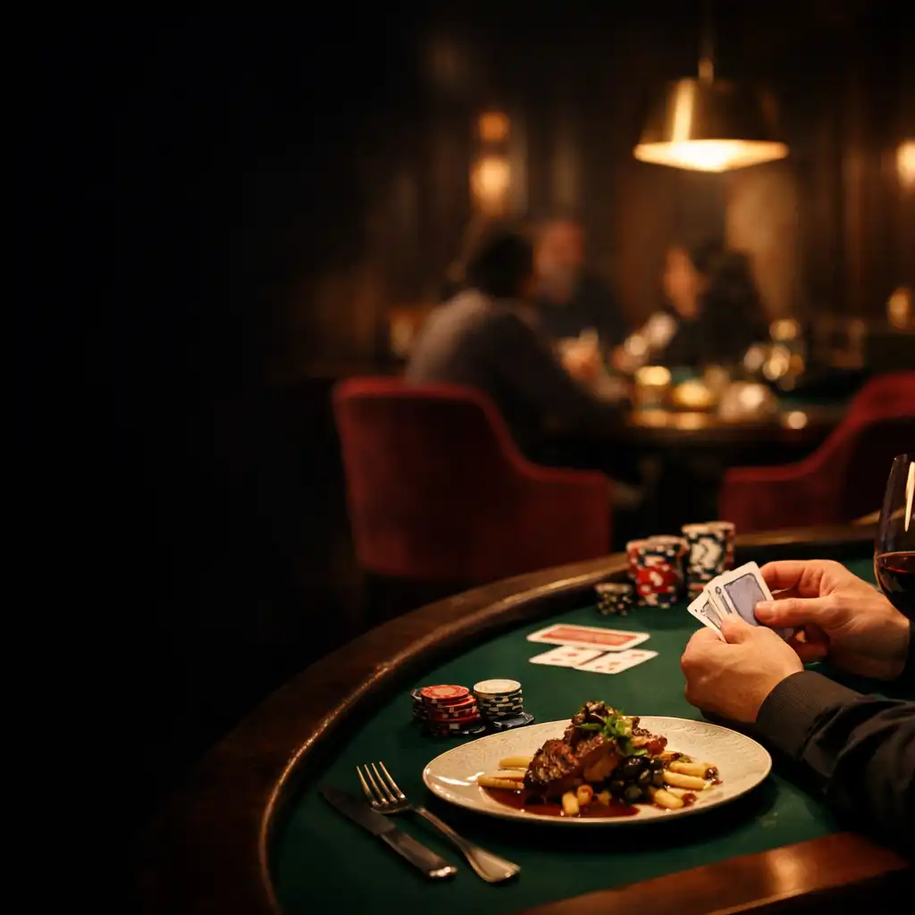 Ruce hostů u tmavě zeleného pokerového stolu se sklenkami vína a talířem jídla v intimním lounge