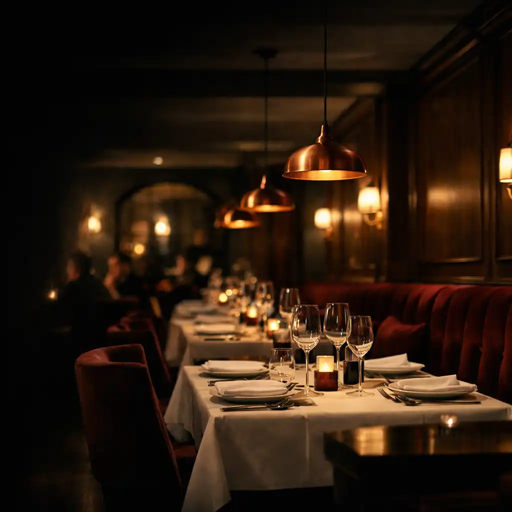 Hlavní sál restaurace Vonnyvecer po setmění s teplým světlem a prostřenými stoly