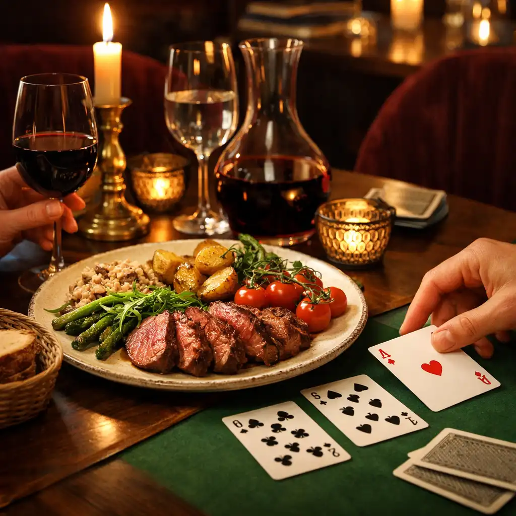 Sdílená večeře, víno a ruce u malého pokerového stolu