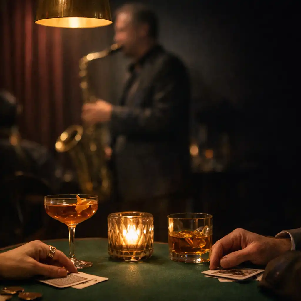 Tlumený jazzový hudebník v pozadí, koktejl a ruce u stolu v lounge