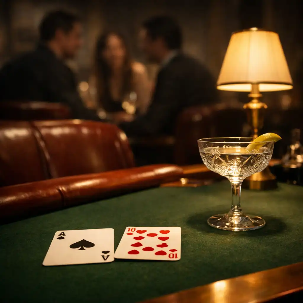 Zelený plstěný stůl, koktejl a tlumené sezení v soukromém pokerovém lounge